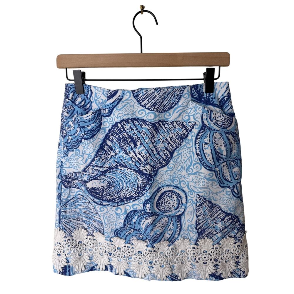 LILLY PULITZER Originals "Stuffed Shells" Mini Skirt Blue White Lace Size 0